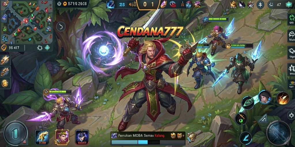 Menggambarkan momen seru dalam permainan MOBA CENDANA777.