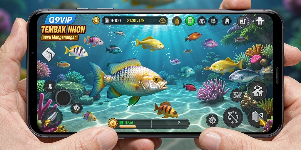 Screenshot G9VIP menampilkan aksi menembak ikan yang dinamis.
