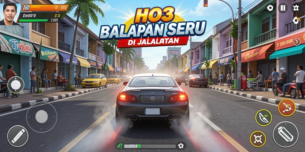 Tampilan gameplay balapan seru di HO3 dengan mobil yang melaju kencang.