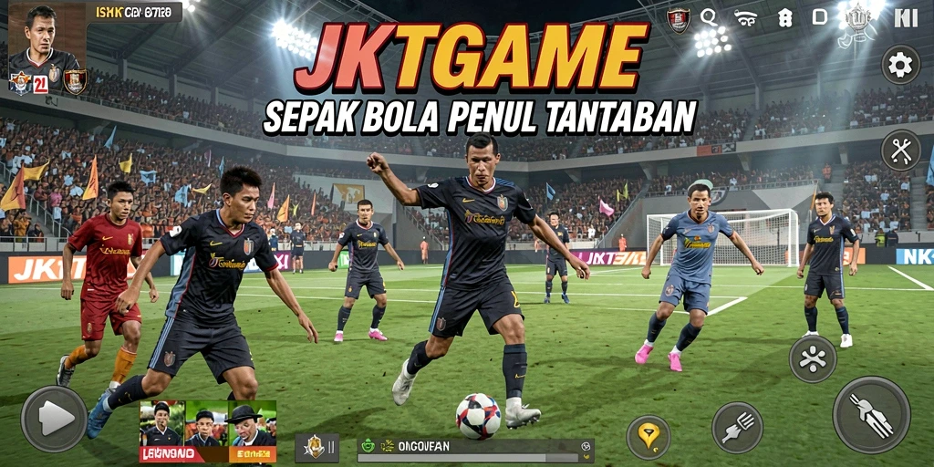 Screenshot utama JKTGAME menampilkan aksi intens di lapangan sepak bola.