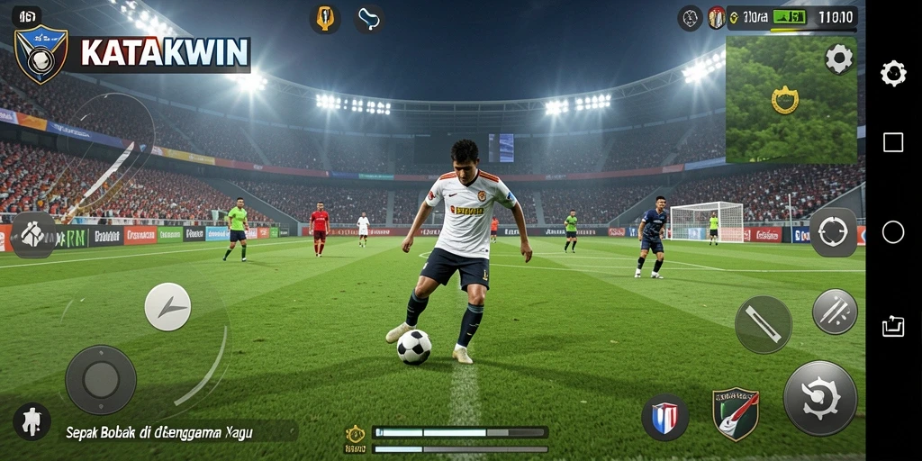 Screenshot gameplay KATAKWIN yang menunjukkan aksi sepak bola yang seru.