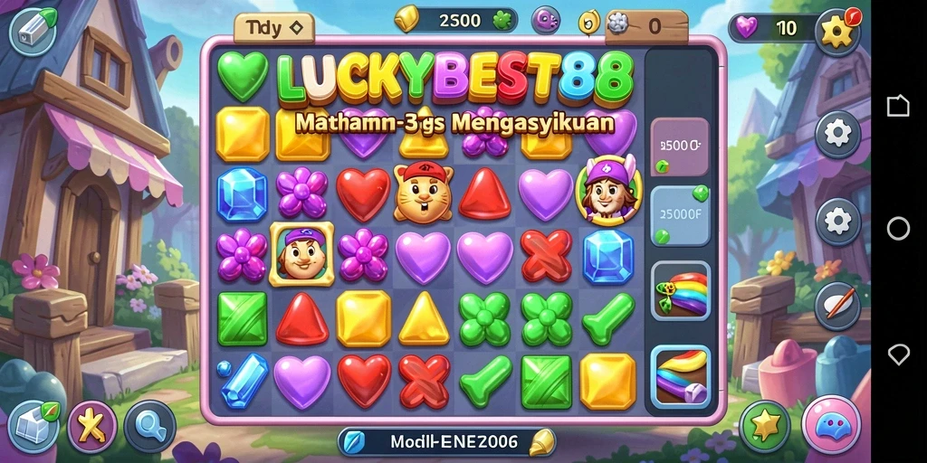 Screenshot LUCKYBEST88 menampilkan gameplay Match-3 yang seru dan berwarna.