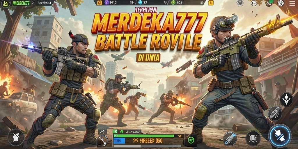 Tangkapan layar gameplay MERDEKA777 menampilkan pertempuran intens antar pemain di arena.