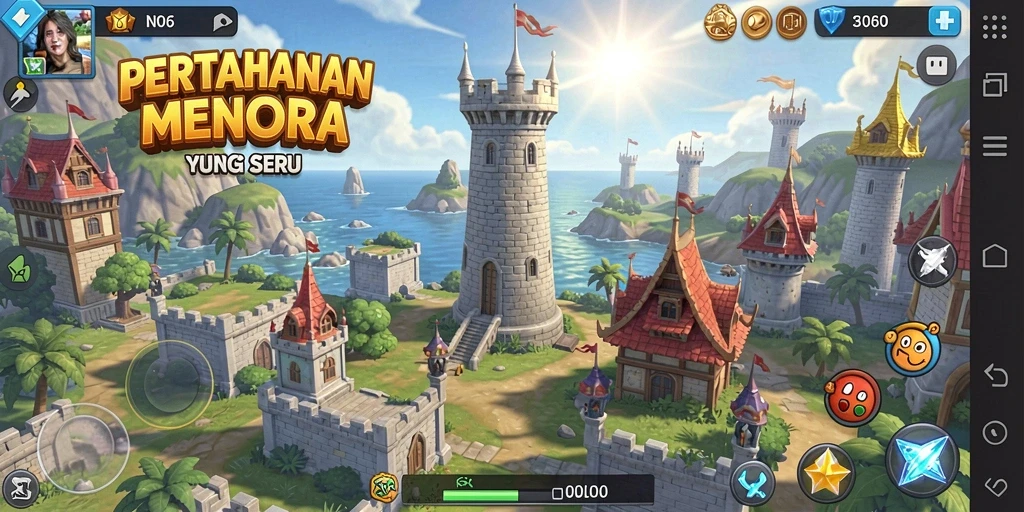 Tangkapan layar gameplay N06 saat menara bertempur dengan musuh.